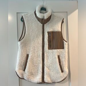 A&F White Sherpa Vest with brown leather trim.